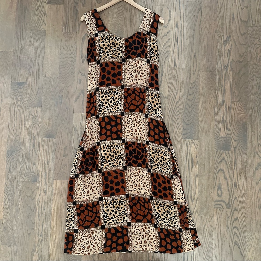 Vintage 90s Grunge Animal Print Patchwork Gauze Midi Dress Brown Multicolor M